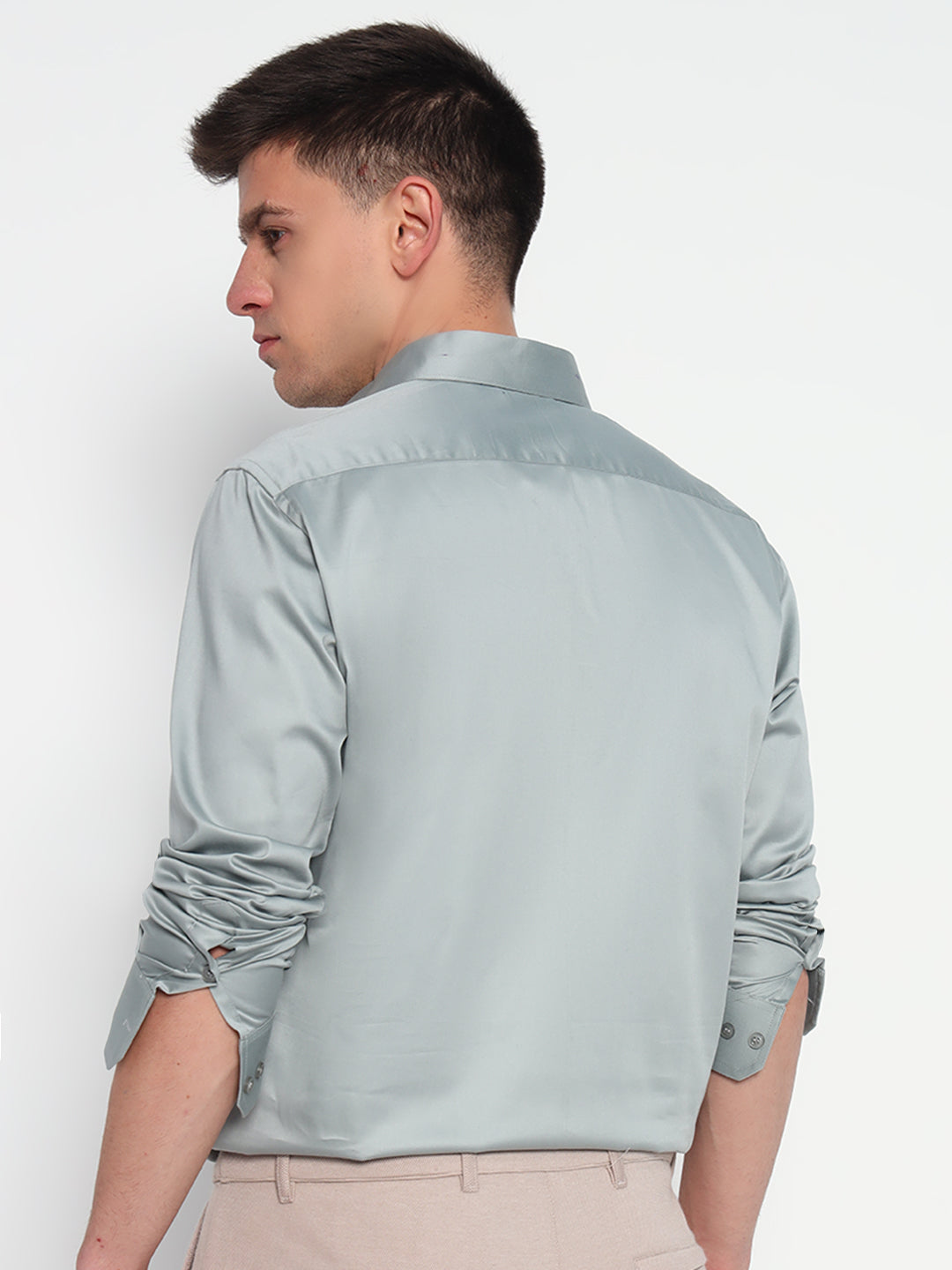 Moon Mist Pastel Green Satin Shirt – Tailored Fit | Subtle Shine for Smart Occasions