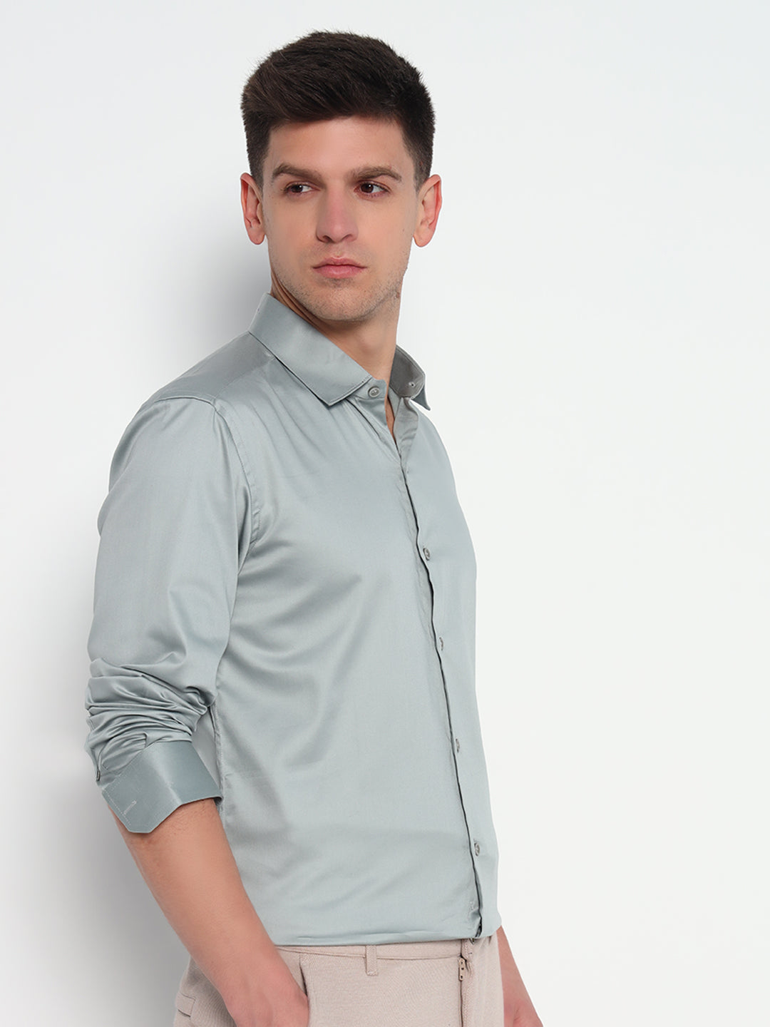 Moon Mist Pastel Green Satin Shirt – Tailored Fit | Subtle Shine for Smart Occasions