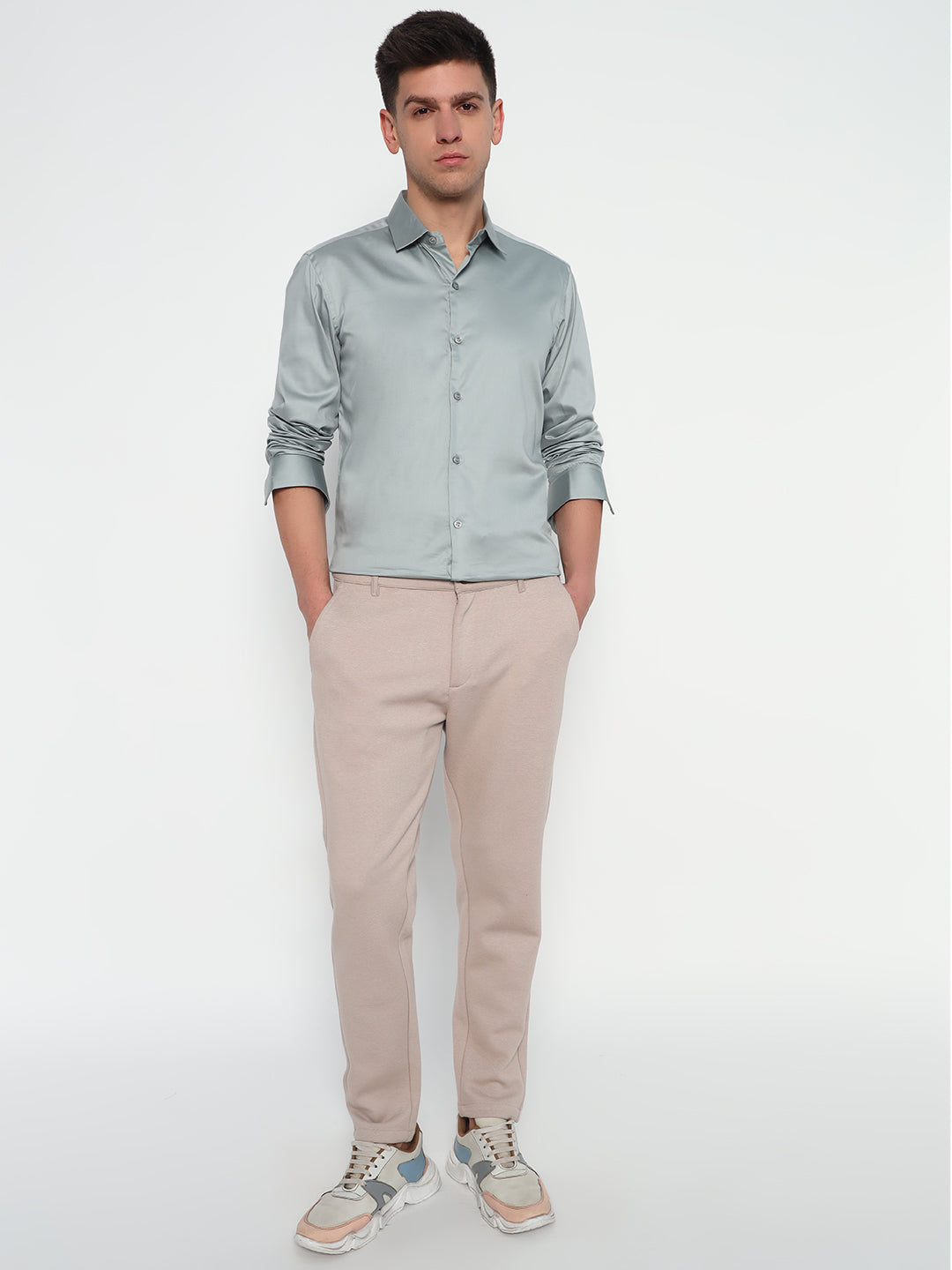 Moon Mist Pastel Green Satin Shirt – Tailored Fit | Subtle Shine for Smart Occasions