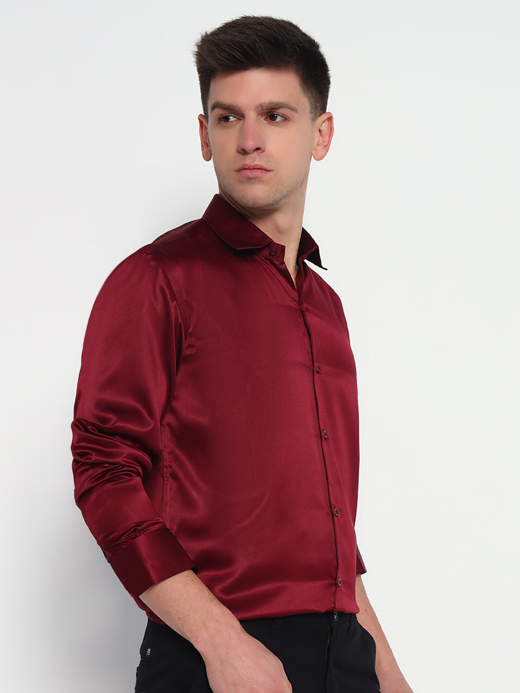 Cherry Wood Maroon Satin Shirt – Sleek Finish | Party-Ready Elegance