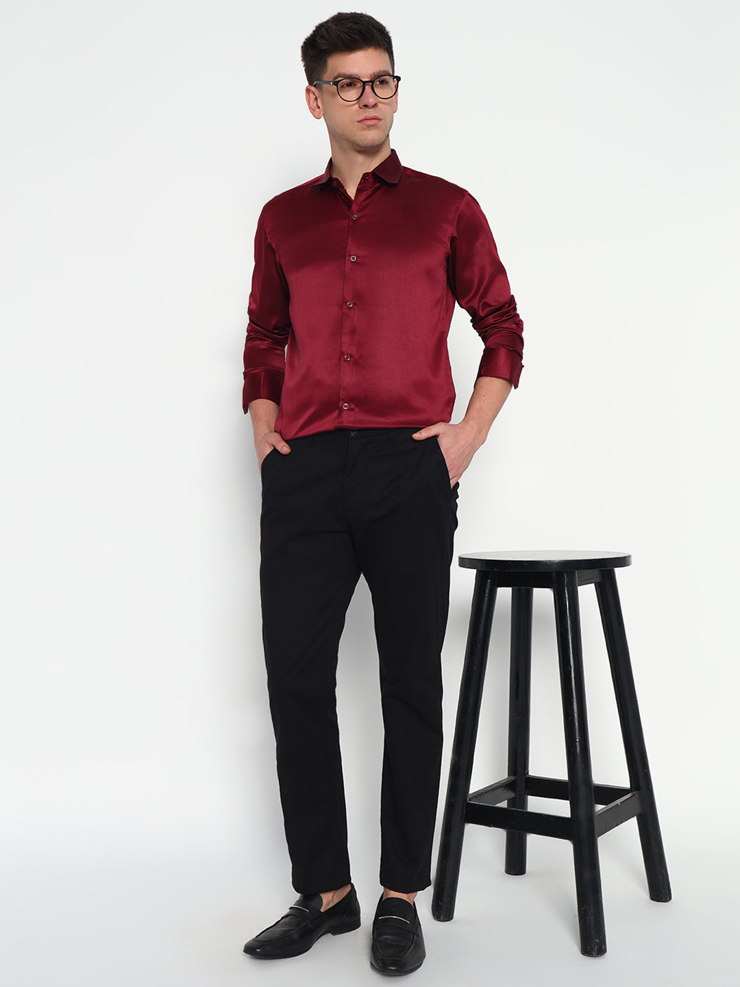Cherry Wood Maroon Satin Shirt – Sleek Finish | Party-Ready Elegance