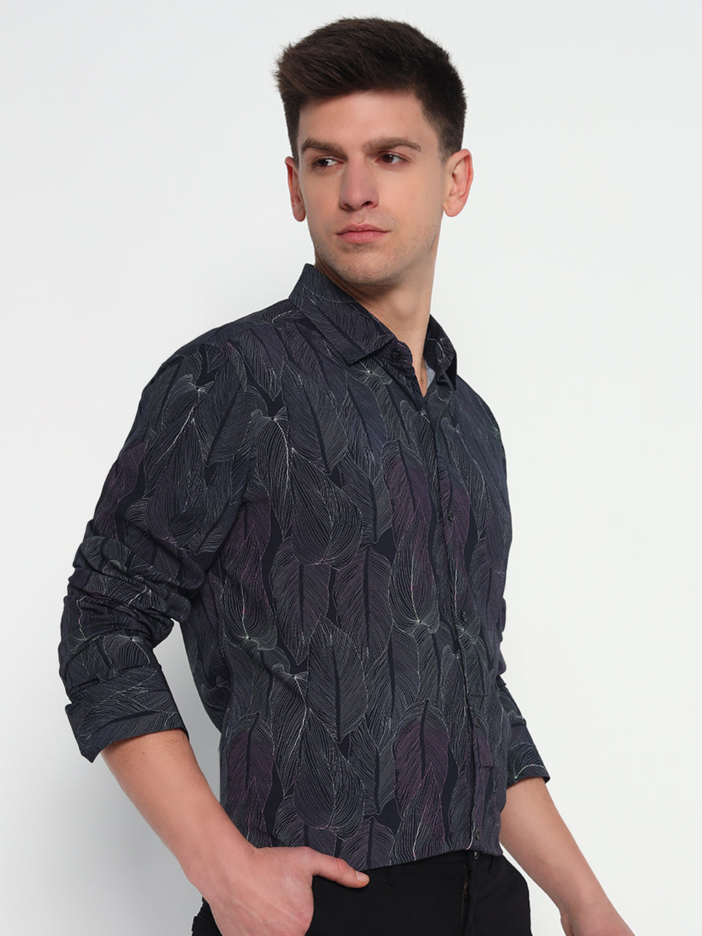 Midnight Leaf Print Shirt - Tailored Fit | 100% Viscose