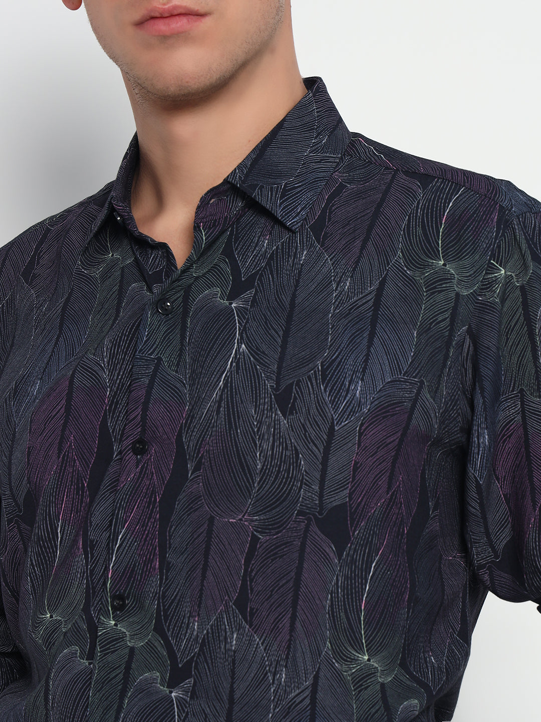 Midnight Leaf Print Shirt - Tailored Fit | 100% Viscose