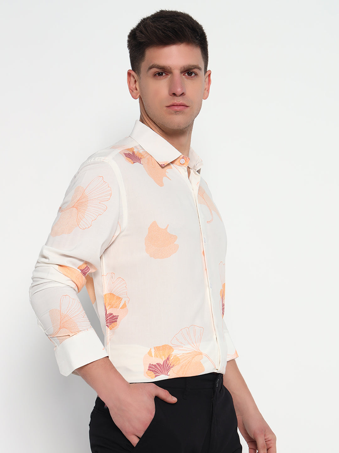 Bourbon Beige Floral Printed Shirt - Tailored Fit | 100% Viscose