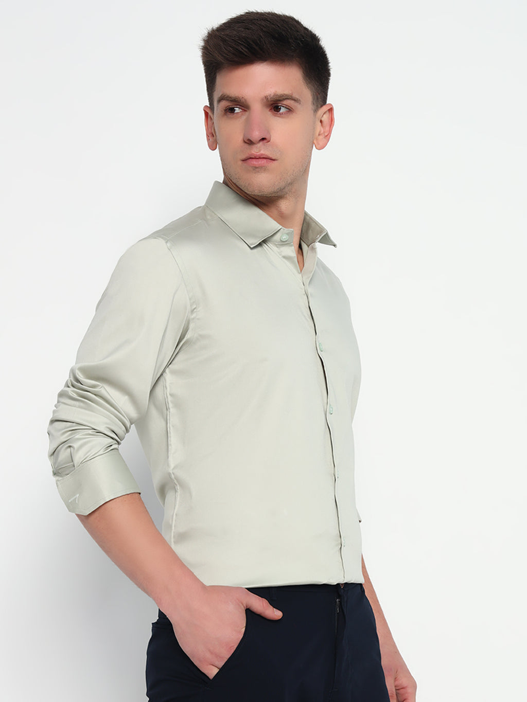 Silver Sand Green Satin Shirt – Subtle Sophistication for Any Occasion