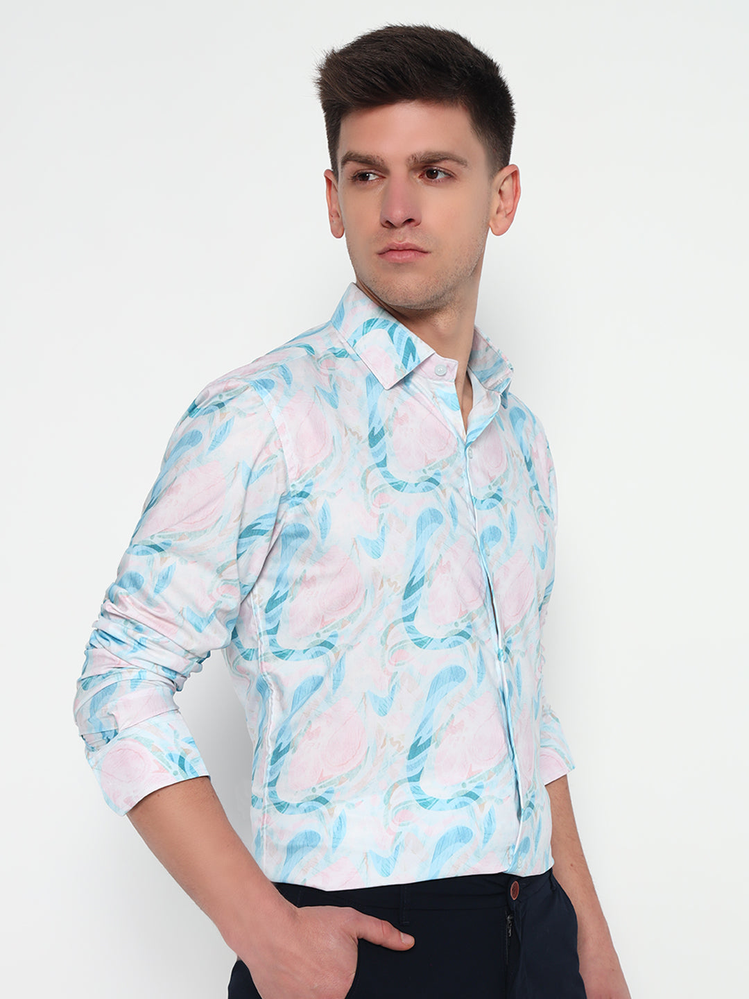 Blue Floral Printed Shirt – Tailored Fit | 100% Viscose