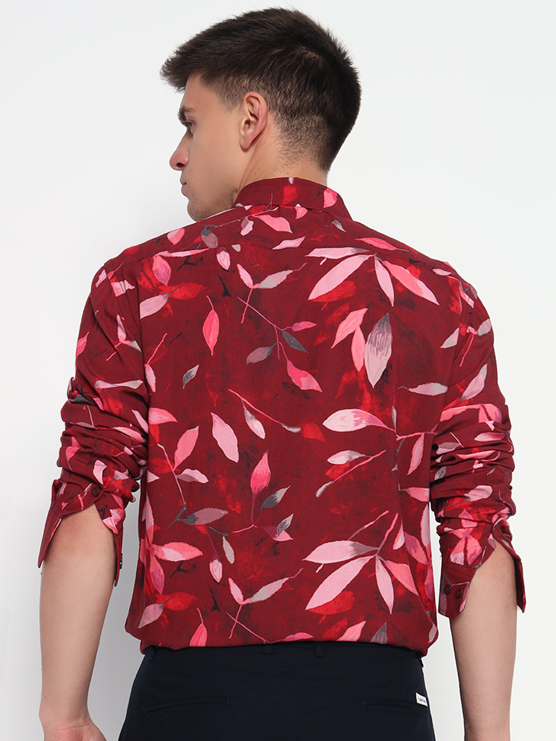 Red Floral Leaf Printed Shirt - Tailored Fit | 100% Viscose
