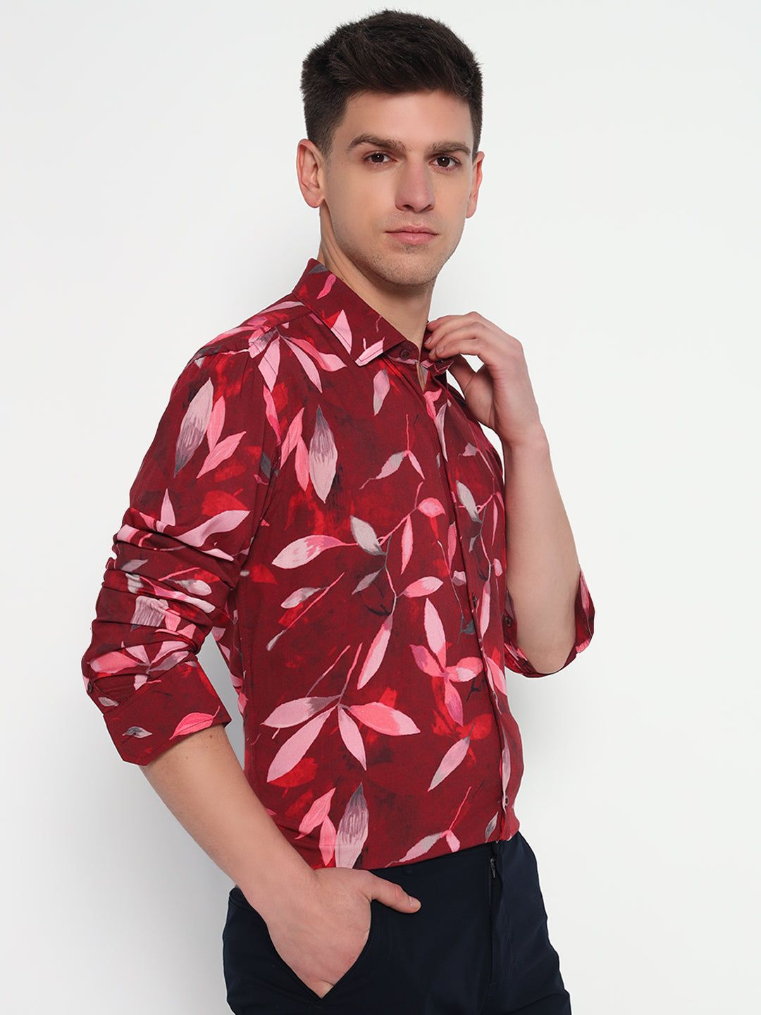 Red Floral Leaf Printed Shirt - Tailored Fit | 100% Viscose
