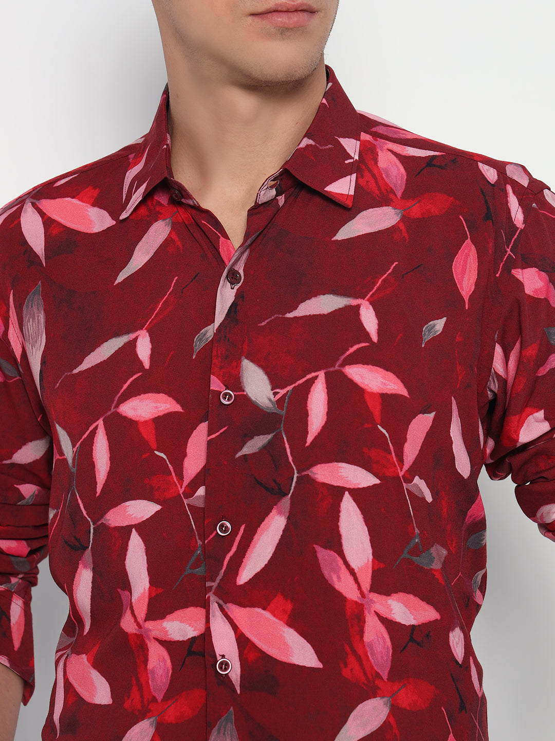 Red Floral Leaf Printed Shirt - Tailored Fit | 100% Viscose