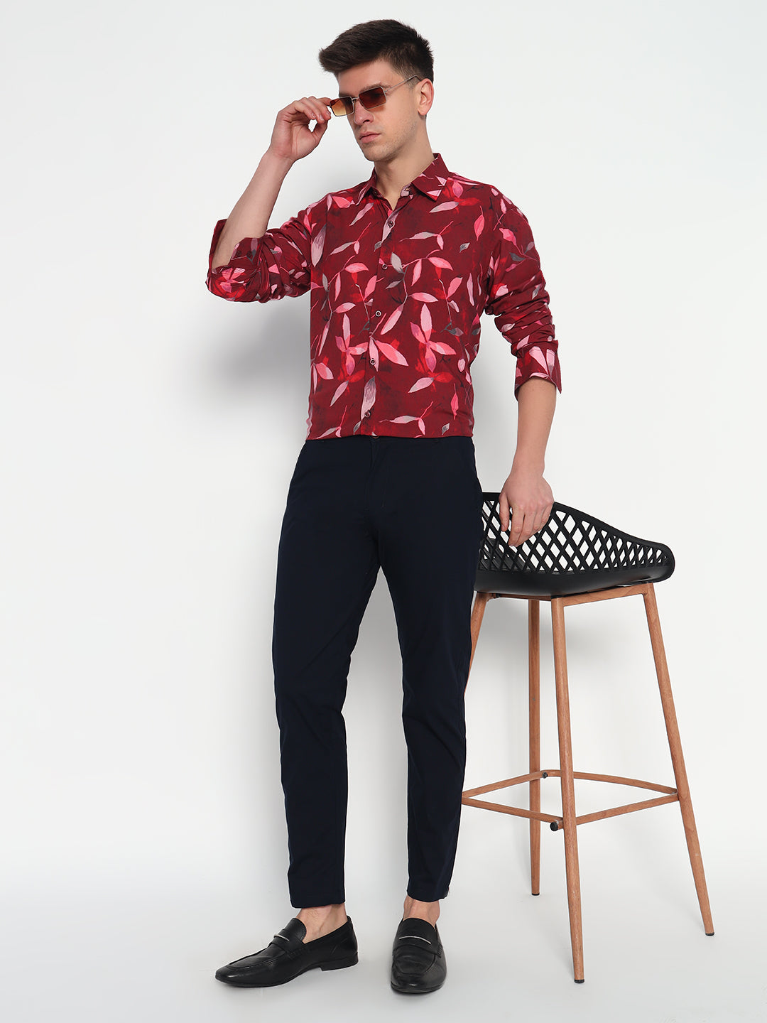 Red Floral Leaf Printed Shirt - Tailored Fit | 100% Viscose