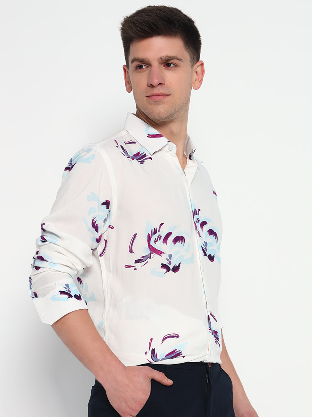 White Floral Printed Shirt – Tailored Fit | 100% Viscose