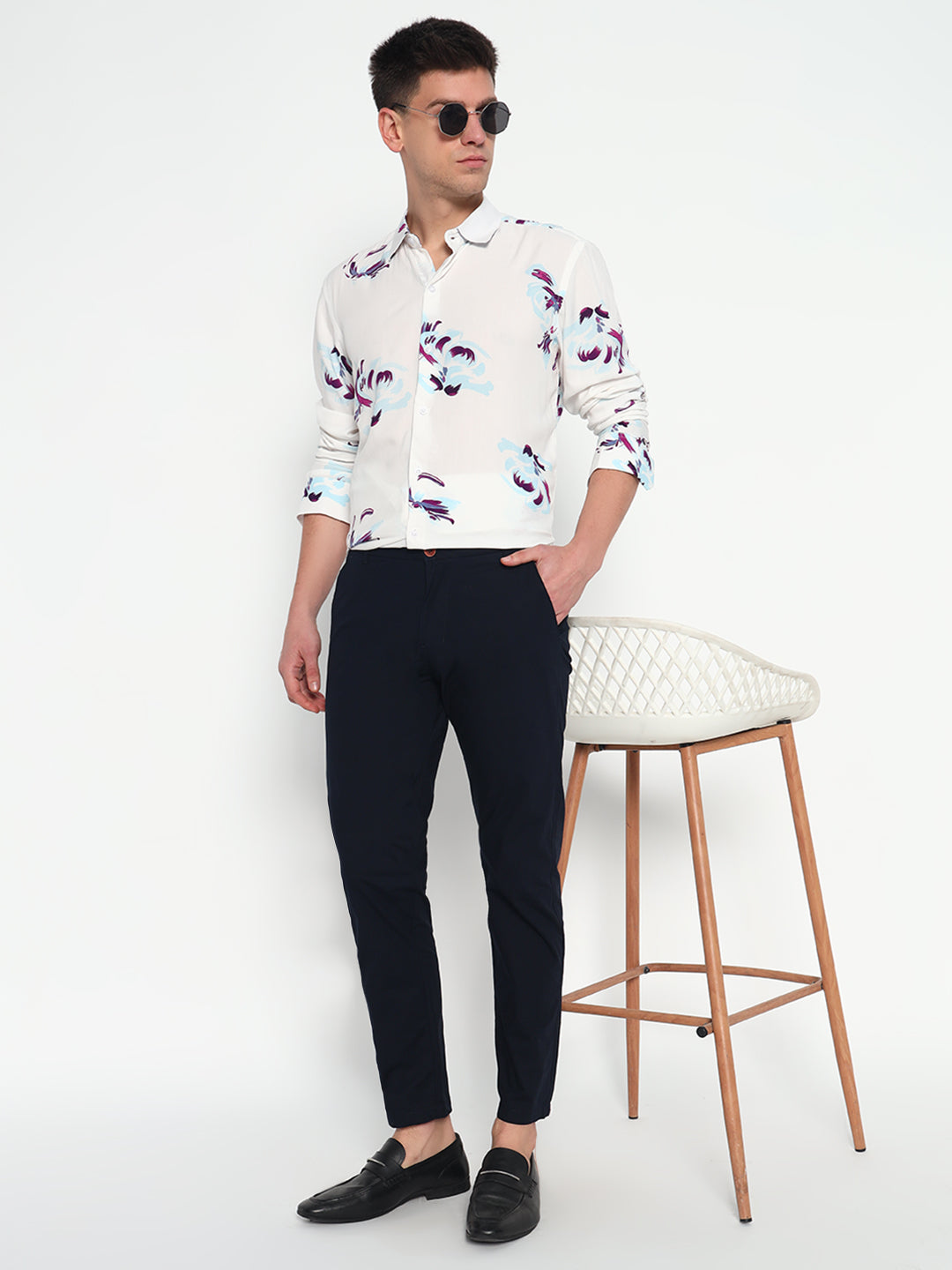 White Floral Printed Shirt – Tailored Fit | 100% Viscose