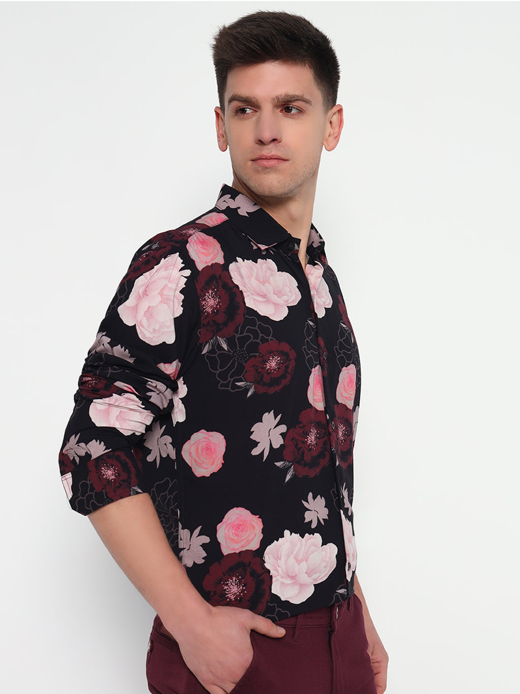 Black Floral Printed Shirt – Tailored Fit | 100% Viscose