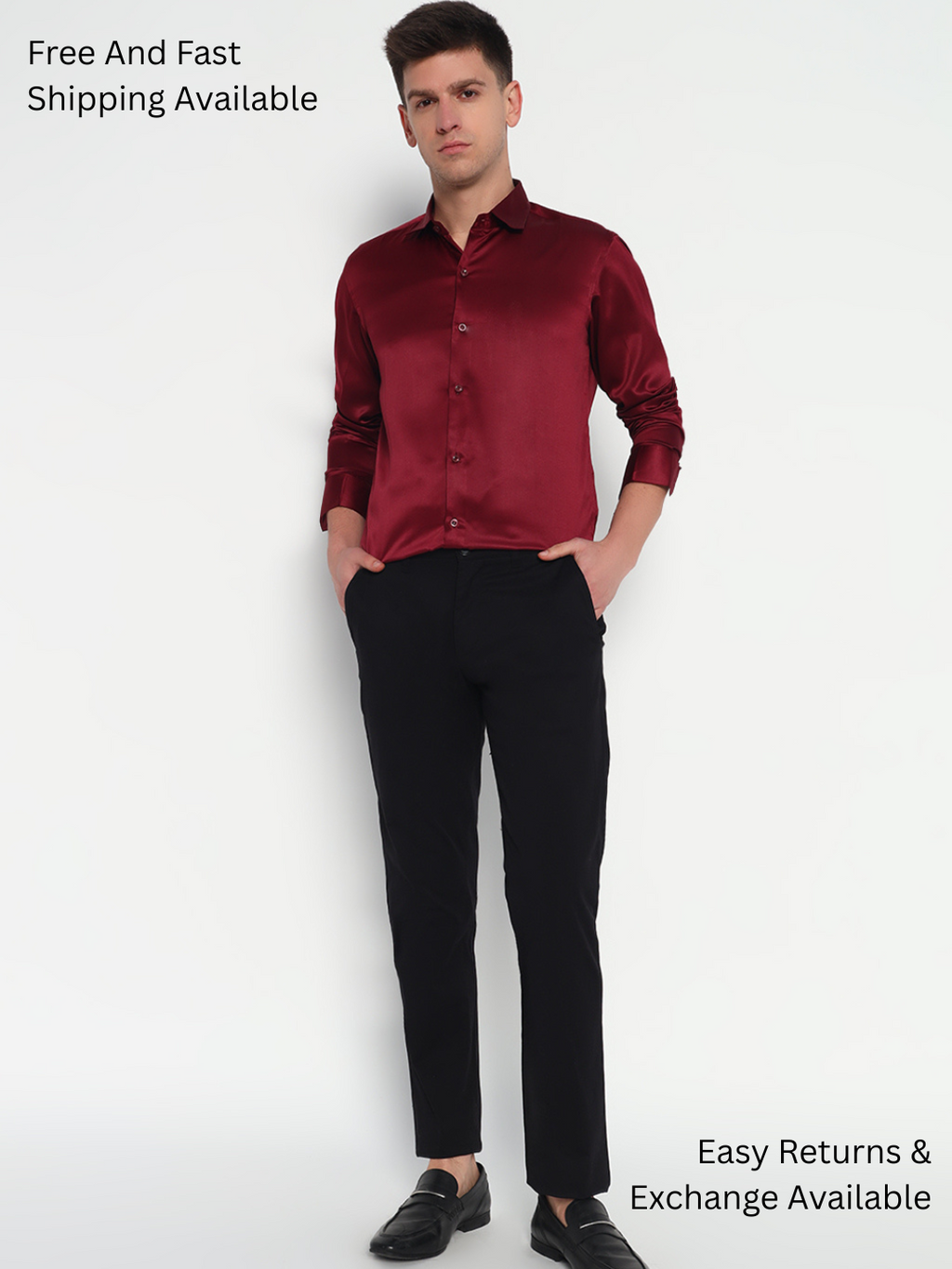 Cherry Wood Maroon Satin Shirt – Sleek Finish | Party-Ready Elegance
