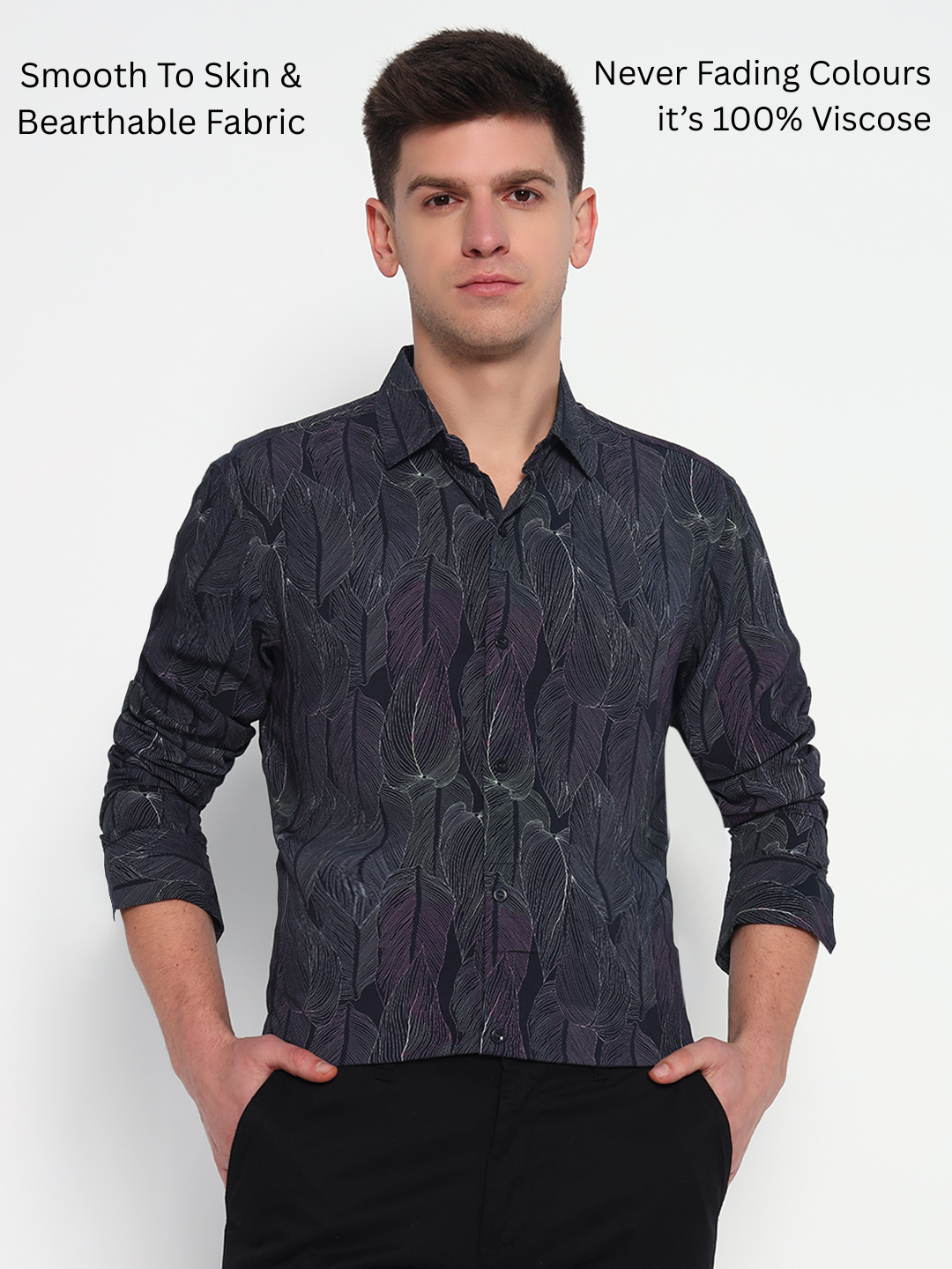 Midnight Leaf Print Shirt - Tailored Fit | 100% Viscose