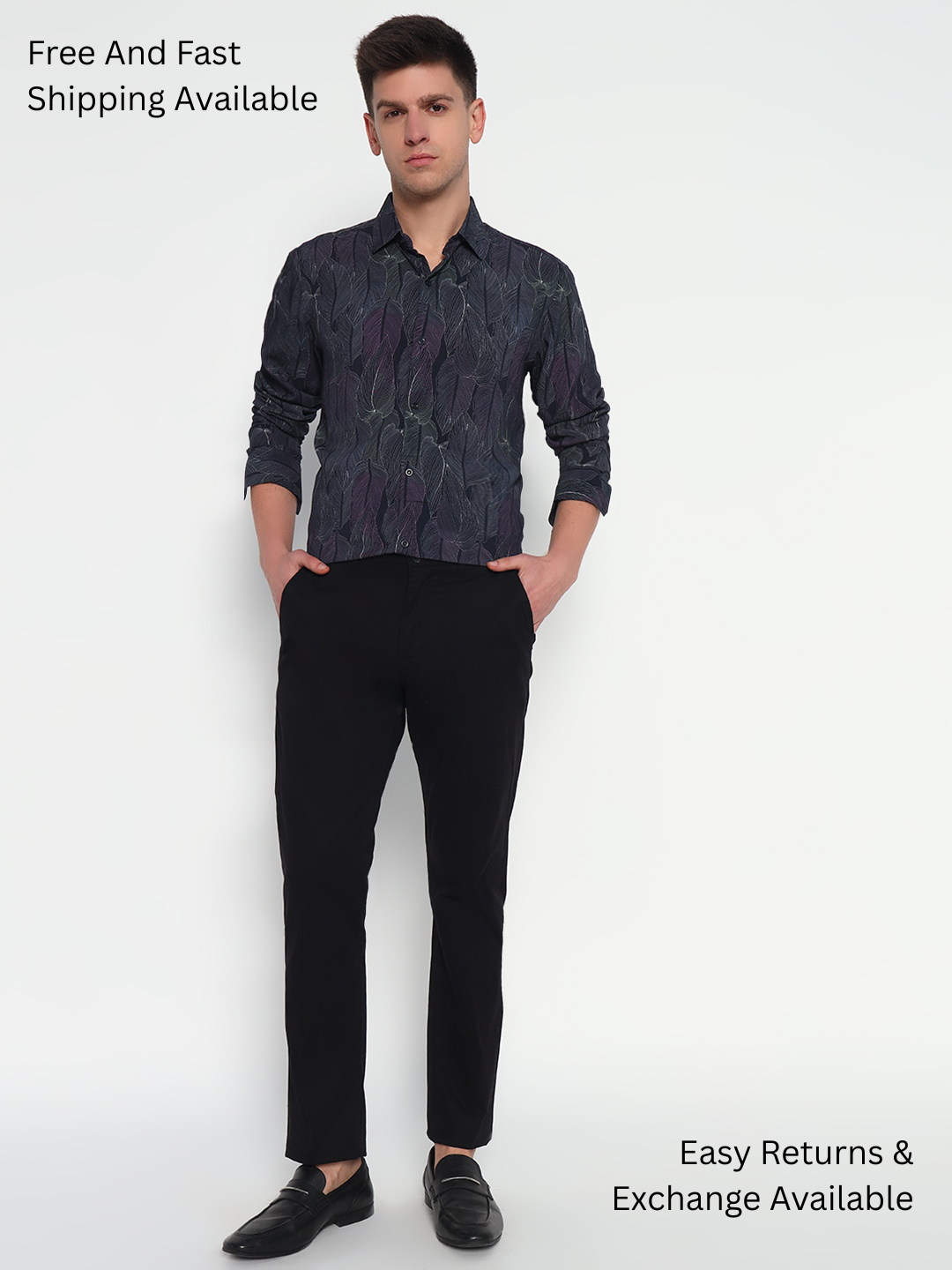 Midnight Leaf Print Shirt - Tailored Fit | 100% Viscose