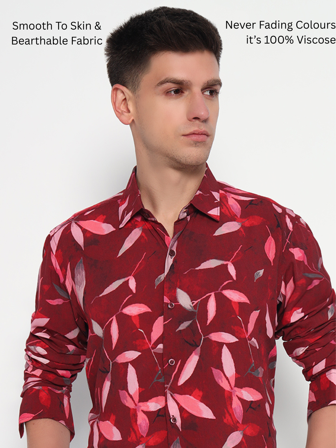 Red Floral Leaf Printed Shirt - Tailored Fit | 100% Viscose