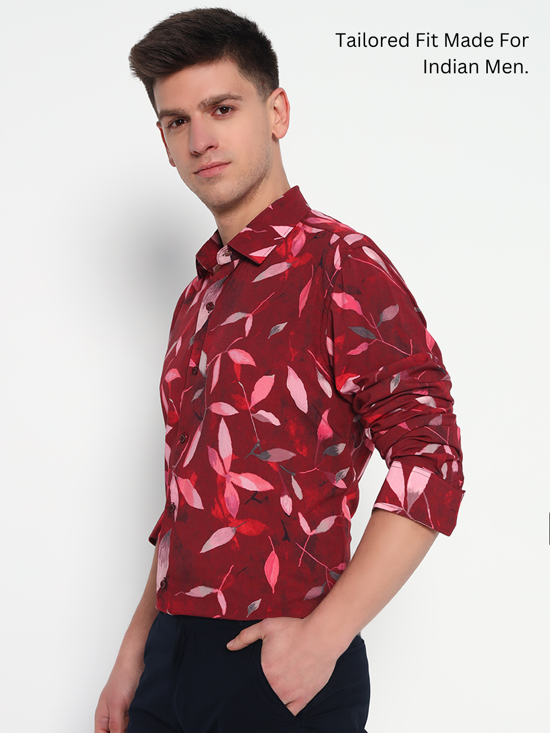Red Floral Leaf Printed Shirt - Tailored Fit | 100% Viscose