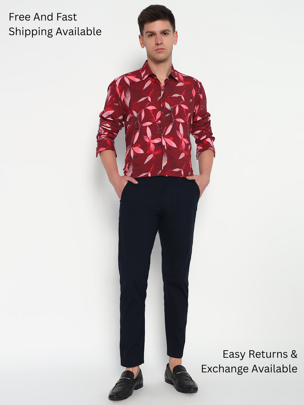 Red Floral Leaf Printed Shirt - Tailored Fit | 100% Viscose