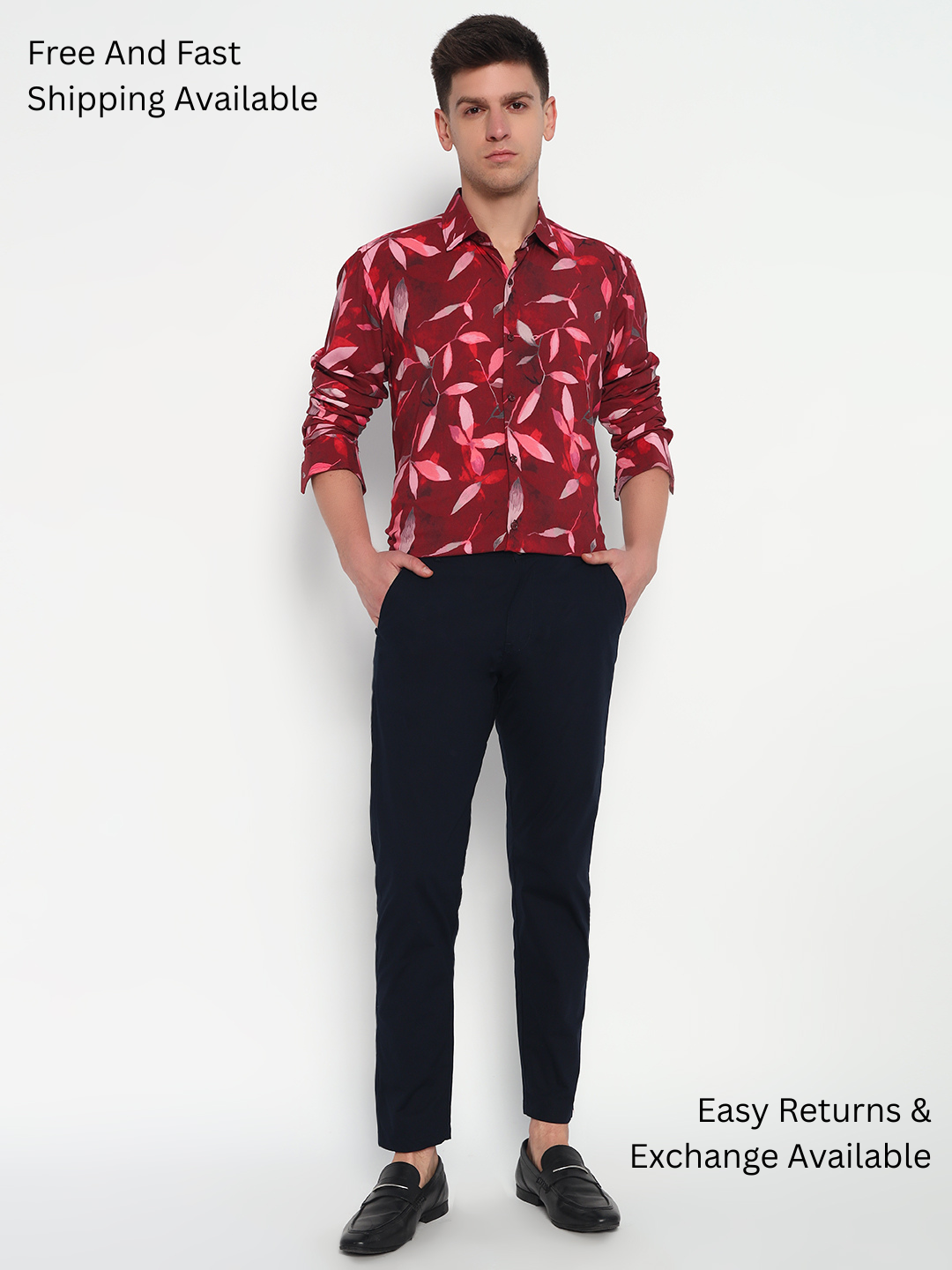 Red Floral Leaf Printed Shirt - Tailored Fit | 100% Viscose