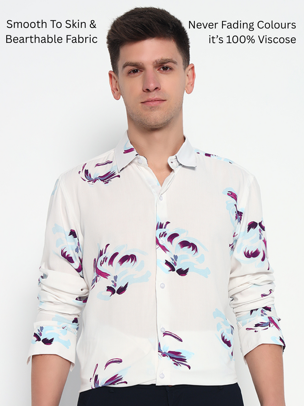White Floral Printed Shirt – Tailored Fit | 100% Viscose