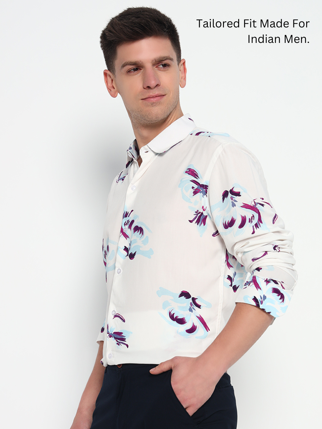 White Floral Printed Shirt – Tailored Fit | 100% Viscose