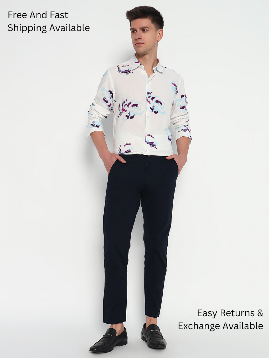 White Floral Printed Shirt – Tailored Fit | 100% Viscose