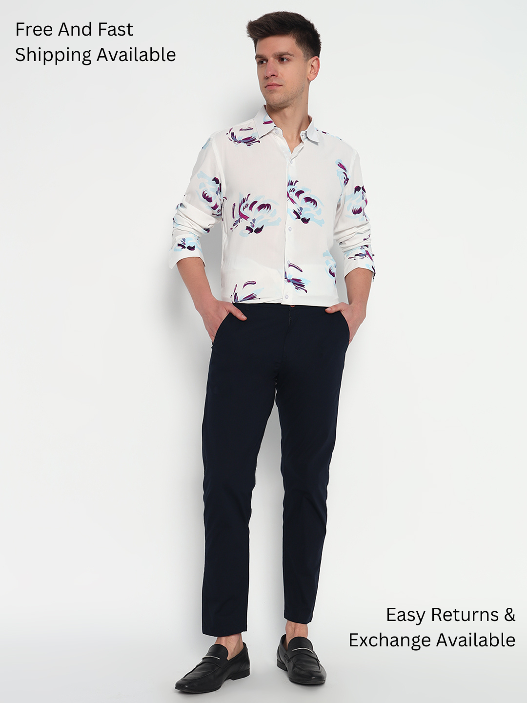 White Floral Printed Shirt – Tailored Fit | 100% Viscose