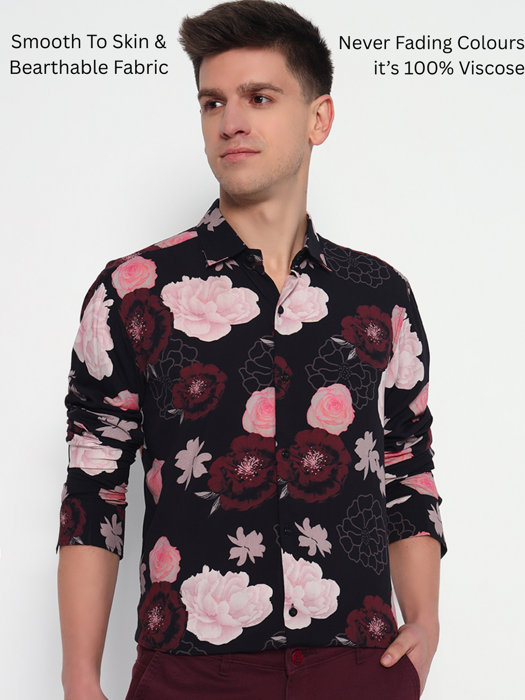 Black Floral Printed Shirt – Tailored Fit | 100% Viscose