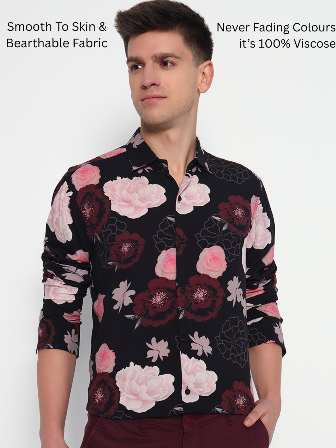 Black Floral Printed Shirt – Tailored Fit | 100% Viscose